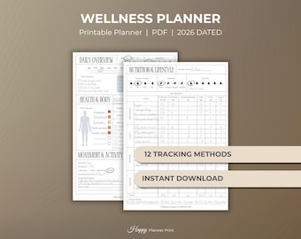 Planner benessere stampabile per l'organizzazione della cura di sé, Glow up Planner e Mindfulness Journal 2026 con Fitness Tracker