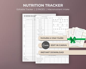 Modello modificabile per il monitoraggio nutrizionale, diario alimentare macro, pianificatore digitale dei pasti stampabile per proteine, carboidrati, grassi e calorie