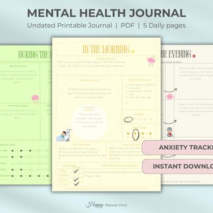 Puede incluir: Un diario de salud mental imprimible con cinco páginas diarias. El diario incluye secciones para el seguimiento de síntomas, metas y atención plena. El diseño presenta colores pastel y el texto "Mental Health Journal" y "Anxiety Tracker".