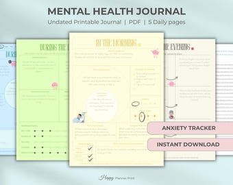 Diario di salute mentale, diario digitale stampabile con monitoraggio quotidiano dell'umore e risorse per la terapia dell'ansia. Diario dell'ansia