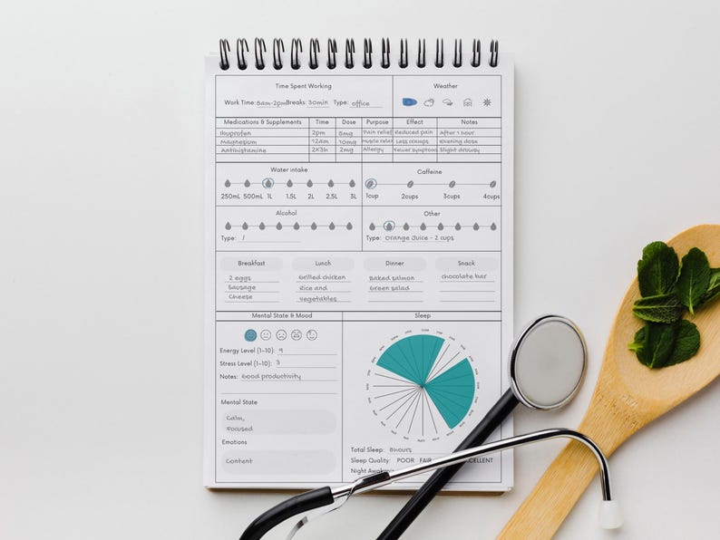 Health and wellness tracker with daily symptom logging mental state check medication and supplements record sleep tracker and nutrition planner for personal use