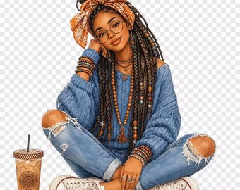 PNG transparent background Woman Digital Art , Boho Girl Iced Coffee Lover Clipart, Natural Hair Braids Afrocentric Illustration Download.