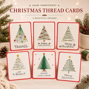 May include: Six rectangular white greeting cards with red borders, each featuring a hand-embroidered Christmas tree design made with green thread, beads, and small stars. The cards include text such as Merry Christmas, Happy Holidays, and Love Quinn.
