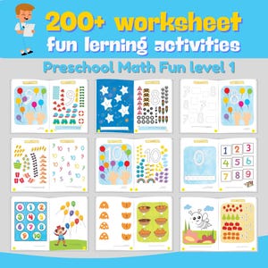 以下が含まれることがあります： 未就学児向けのカラフルな教育用ワークシートセット。「200+ worksheet fun learning activities Preschool Math Fun level 1」と書かれた表紙。中には数字、形、数え方の練習問題があり、風船、星、その他のイラストが描かれています。