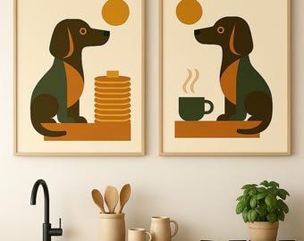 Retro Dackel Kaffee Poster Set - Bauhaus Dackel Poster - Dackel Print Frühstücksclub Wandkunst, Vintage Küchen Dekor, digitaler Download