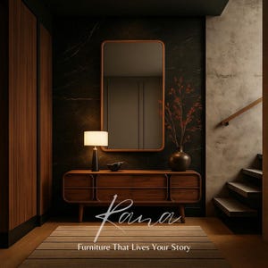 May include: A mid-century modern entryway featuring a wooden console table with drawers, a rectangular mirror, and a lamp. A vase with branches and a striped rug complete the decor. The text reads "Furniture That Lives Your Story."