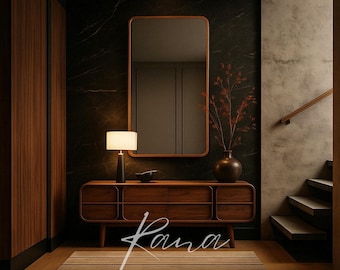 May include: A mid-century modern entryway featuring a wooden console table with drawers, a rectangular mirror, and a lamp. A vase with branches and a striped rug complete the decor. The text reads "Furniture That Lives Your Story."