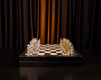 Metal Chess Pieces,Ottoman and Byzantine and Marble Patterned MDF Chess Board with Storage,Premium Chess Set,Unique Gift