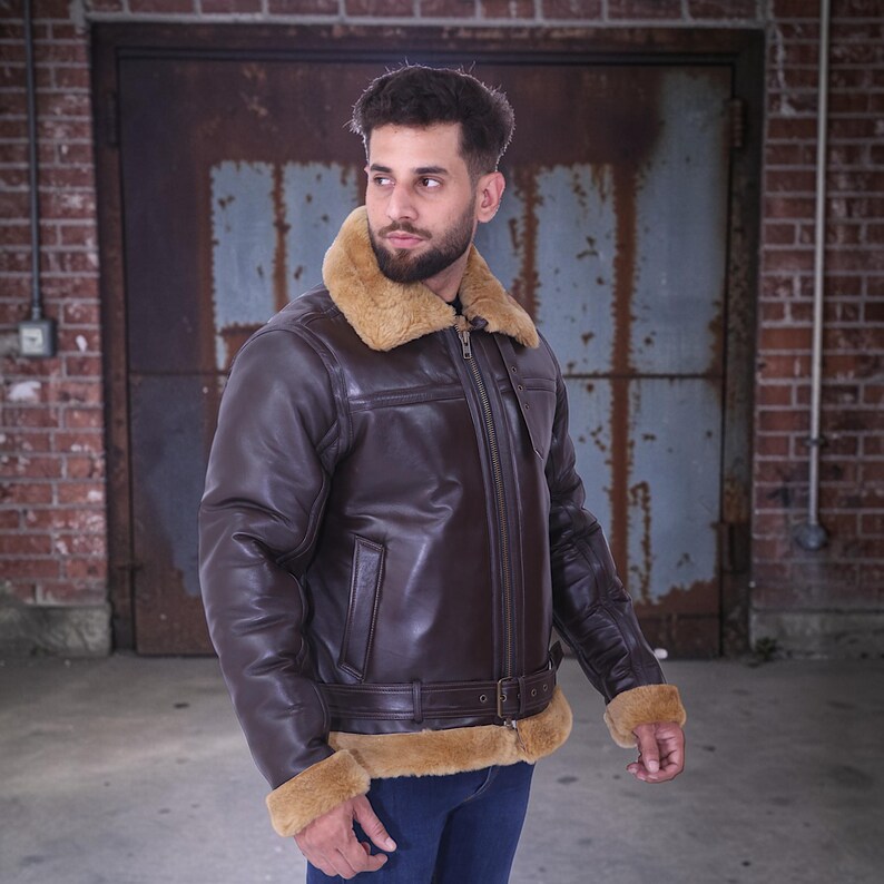 B3 Bomber Shearling Jacket | RAF Aviator Pilot Winter Flying Coat| Mens Leather Jacket image 17