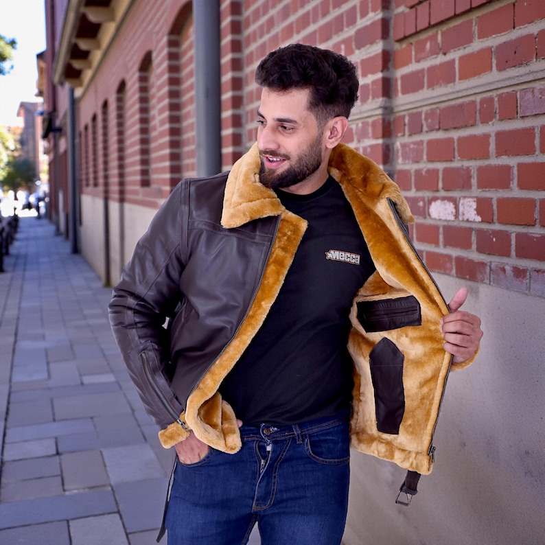 B3 Bomber Shearling Jacket | RAF Aviator Pilot Winter Flying Coat| Mens Leather Jacket image 6