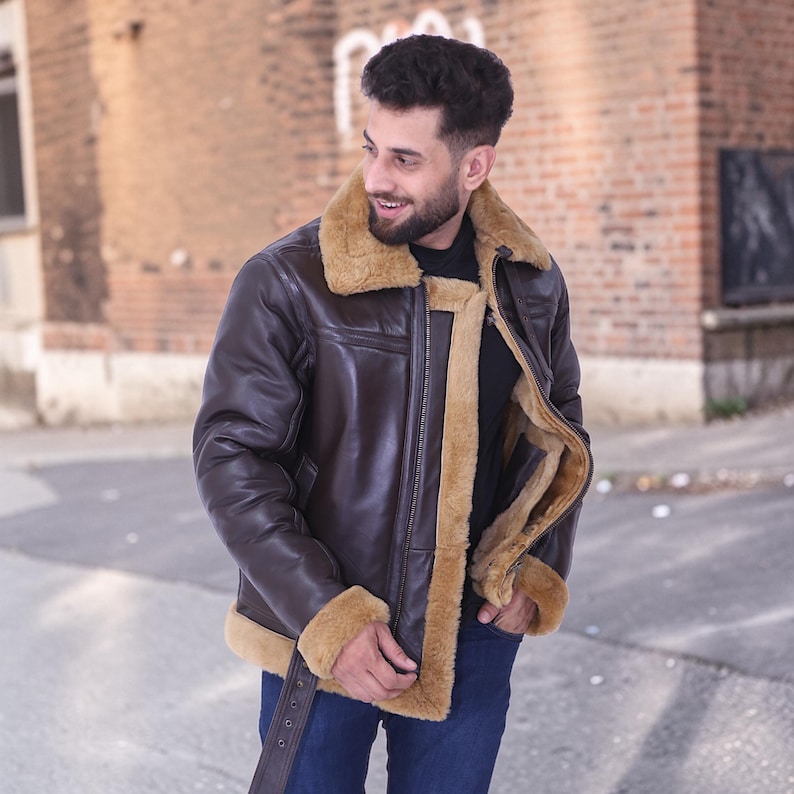 B3 Bomber Shearling Jacket | RAF Aviator Pilot Winter Flying Coat| Mens Leather Jacket image 13