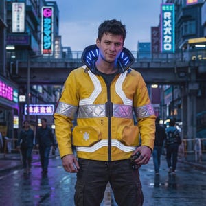 Puede incluir: Una chaqueta amarilla con cuello alto que presenta tiras de luz LED azules, paneles reflectantes plateados en el pecho y las mangas, y un emblema de estrella médica blanca en el bolsillo delantero. La chaqueta tiene cremallera y pantalones cargo.