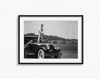 Vintage Golf Print, Golfer Standing on Antique Car, Black and White Wall Art, Vintage Print, Photography Prints, Museum Quality Photo Print