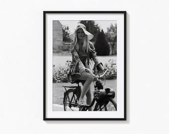 Brigitte Bardot Print, Brigitte Bardot Bicycle Black and White Wall Art, Vintage Print, Photography Prints, Museum Quality Photo Art Print