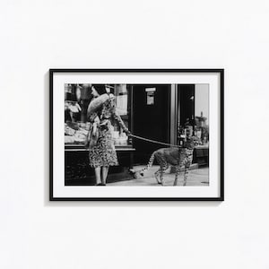 Leopard on a Leash Print, Vintage Animal Photo, Black and White Wall Art, Vintage Print, Photography Prints, Museum Quality Photo Print