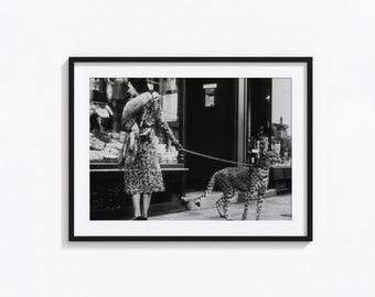 Leopard on a Leash Print, Vintage Animal Photo, Black and White Wall Art, Vintage Print, Photography Prints, Museum Quality Photo Print