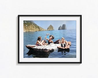 Women Eating Pasta On Water, Eating Spaghetti on Lake Print, Colored Vintage Poster, Wall Art, Vintage Print, Photography Prints