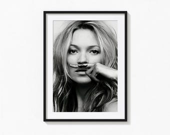 Kate Moss Print, Moustache Finger, Fashion Poster, Black and White Wall Art, Vintage Print, Photography Prints, Museum Quality Print