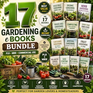 以下が含まれることがあります： Vegetable Gardening Made Easy、Organic Gardening for Beginners、Herb Gardeningなどのタイトルを含む17冊のガーデニング電子書籍バンドル。画像には、インスタントダウンロード、商用利用権、PLR/MRRアクセスに関するテキストが含まれています。