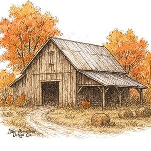 Rustic Fall Barn and Fall Scene Print with Pumpkins, Autumn Farmhouse Decor, Vintage Country Landscape, Halloween Harvest, Thanksgiving PNG
