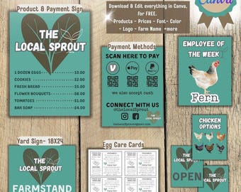 Paquete de letreros para puestos de granja/etiquetas de precio para productos, letreros de pago con código QR, expositores para puestos de vendedores, kit imprimible para mercado de agricultores, letrero editable para jardín