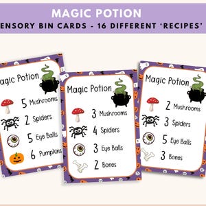 May include: Three Halloween-themed recipe cards with the text "Magic Potion". Each card features a cauldron, mushrooms, spiders, eyeballs, pumpkins, and bones. The cards are bordered with a purple and orange design.