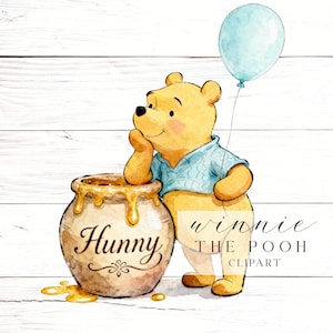 May include: Watercolor illustration of Winnie the Pooh with a honey pot and a blue balloon. The honey pot has the word "Hunny" written on it. The background is a white wood panel.