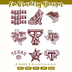 May include: An embroidery design collection featuring maroon and white graphics including the word aggies, a collie, a hat, the state of Texas, a star, and the text Gig Em Aggies, TEXAS, and TEXAS A&M UNIVERISTY with 6 sizes listed.