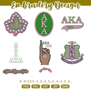 May include: A collection of embroidery designs featuring the letters AKA and Alpha Kappa Alpha in pink and green. Elements include an ivy leaf, an oval patch, a hand gesture, and a crest with the text 1908. The image includes the text Embroidery Design and 6 SIZES 2.5, 3, 3.5, 4, 4.5, 5, PES, PEC, DST, JEF, EMB.