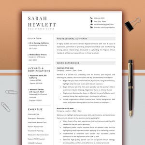 May include: A resume for Sarah Hewlett, a Registered Nurse, with contact information, education, licenses, certifications, and expertise listed. A black and gold pen and a binder clip are on the right.