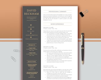 May include: A professional resume template with a dark gray sidebar and white main section. The resume includes sections for professional summary, work experience, projects, and education. A black pen and paper clips are on the peach-colored background.