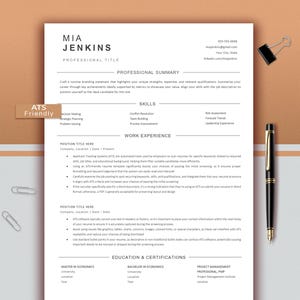 May include: A resume template with the name Mia Jenkins at the top. The resume is on white paper with black text, a black pen, and a paper clip. The background is a light brown color. The resume includes sections for skills, work experience, and education.