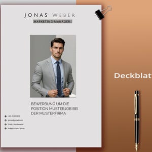 May include: A resume template with a photograph of a man in a gray suit and tie. The document includes the name "JONAS WEBER" and the title "MARKETING MANAGER". Contact details and the phrase "BEWERBUNG UM DIE POSITION MUSTERJOB BEI DER MUSTERFIRMA" are also visible.