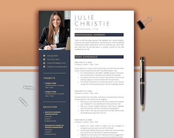 May include: A resume template with the name "Julie Christie" at the top. The resume has a photo of a woman and includes sections for professional summary, work experience, projects, and education. A black pen and paper clips are on the side.