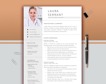 May include: A professional resume template for a Registered Nurse, featuring a photo, contact details, education, licenses, and work experience sections. Includes a black pen, paper clips, and a binder clip.