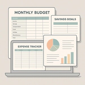 Op de afbeelding: Een digitale illustratie van een laptop met financiële documenten. Het scherm toont een "MAANDELIJKS BUDGET" formulier, een "UITGAVEN TRACKER" en een "SPAARDOELEN" formulier. Grafieken zijn ook zichtbaar, met een neutraal kleurenpalet.