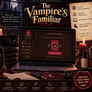 Może przedstawiać: Laptop wyświetlający The Vampire's Familiar, aplikację internetową do gry fabularnej solo. Ekran pokazuje interfejs cyfrowej gry karcianej z czerwoną kartą przedstawiającą żółty półksiężyc oraz widocznym tytułem gry i towarzyszącym tekstem.