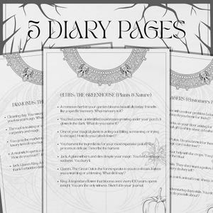 May include: A grayscale image of five diary pages with ornate borders and text. The top page reads "5 Diary Pages." Each page contains prompts for journaling, with categories like "Diamonds," "Clubs," and "Agers."