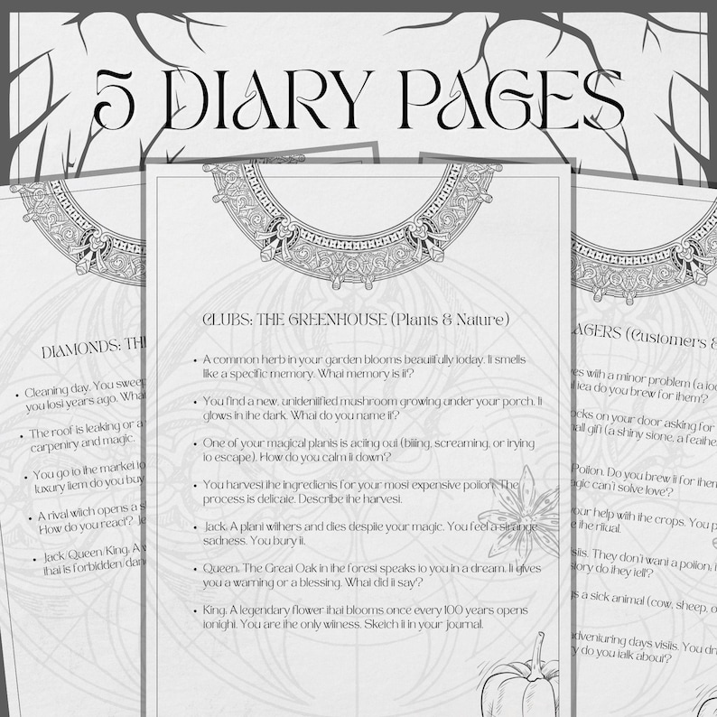 May include: A grayscale image of five diary pages with ornate borders and text. The top page reads "5 Diary Pages." Each page contains prompts for journaling, with categories like "Diamonds," "Clubs," and "Agers."