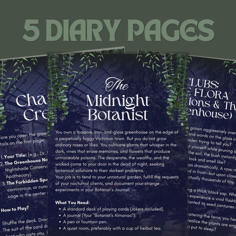 Puede incluir: Cinco p&aacute;ginas de diario con texto, incluyendo "The Midnight Botanist" y "Clubs: Flora & The Greenhouse". Las p&aacute;ginas tienen un fondo verde oscuro con ilustraciones bot&aacute;nicas y texto. El texto describe un juego.