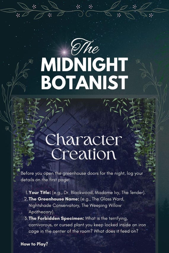 Gothic Solo RPG | The Midnight Botanist | Dark Cottagecore Journaling Game | Print & Play Tabletop PDF | Creative Writing Prompts