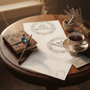 May include: A still life on a wooden table features a leather-bound journal, a small potion bottle, and a wand. Two sheets of paper with the text "The Witch's Greenhouse" are present, along with a teacup, cards, and a mortar and pestle.