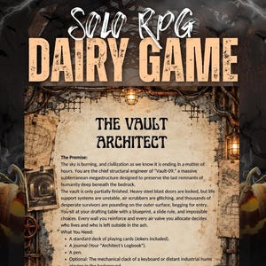 May include: A Solo RPG Dairy Game titled The Vault Architect, featuring a weathered parchment background with text describing a subterranean megastructure premise, requirements including a deck of cards, journal, and pen, and character creation steps.