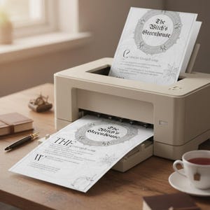 May include: A beige printer printing a document titled "The Witch's Greenhouse." The document has an ornate circular design and text. A cup of tea, a pen, and a small notebook are on the wooden desk.