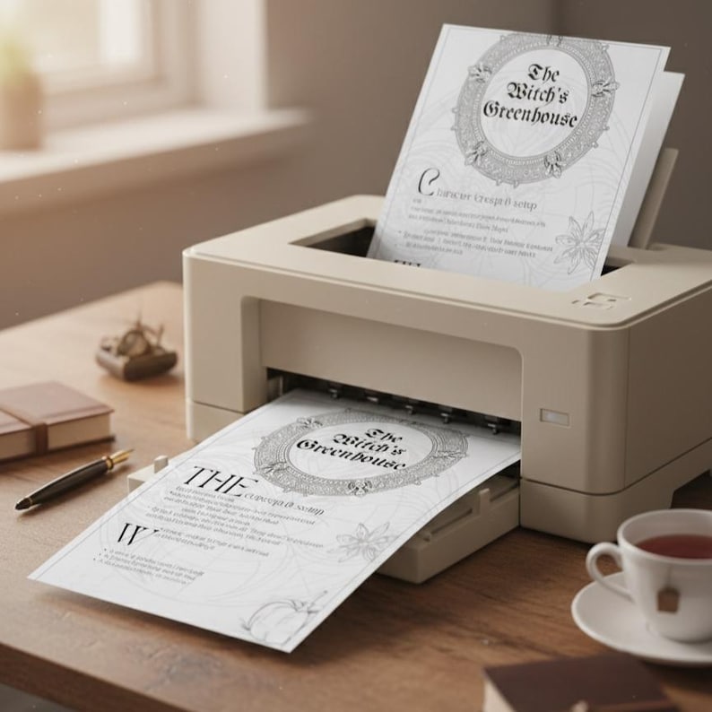 May include: A beige printer printing a document titled "The Witch's Greenhouse." The document has an ornate circular design and text. A cup of tea, a pen, and a small notebook are on the wooden desk.