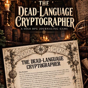 Può includere: Un manuale di gioco intitolato The Dead-Language Cryptographer, un gioco di ruolo in solitaria. La copertina presenta una pagina beige con testo nero, bordi decorati e illustrazioni di bussole. Lo sfondo mostra una biblioteca buia illuminata da candele.