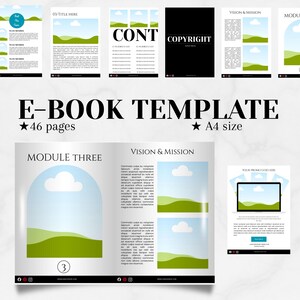 Może przedstawiać: Szablon e-booka o czystym, nowoczesnym designie. Tytuł "E-BOOK TEMPLATE" jest wyraźnie wyświetlany, wraz z "46 stronami" i "A4 size". Układ zawiera sekcje dotyczące treści, praw autorskich, wizji i misji.