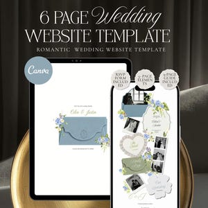 May include: A 6-page wedding website template displayed on a tablet and smartphone. The screens show floral graphics, blue envelopes, and photo frames with the text 6 PAGE WEDDING WEBSITE TEMPLATE, RSVP FORM INCLUDED, 5-PAGE ELEMENTS, and 9-PAGE GUIDE INCLUDED.