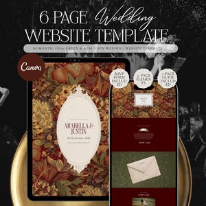 May include: A 6-page wedding website template for Canva featuring a floral pattern in olive green and burgundy. The design includes an oval frame with the text Arabella & Justin, 18th October, 2028, an RSVP form, 5-page elements, and a 7-page guide.