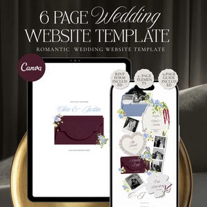 May include: A 6-page wedding website template displayed on a tablet and smartphone. The screens show a burgundy envelope, floral graphics, and black-and-white photos. Text includes 6 PAGE WEDDING WEBSITE TEMPLATE, RSVP FORM INCLUDED, and 9-PAGE GUIDE INCLUDED.